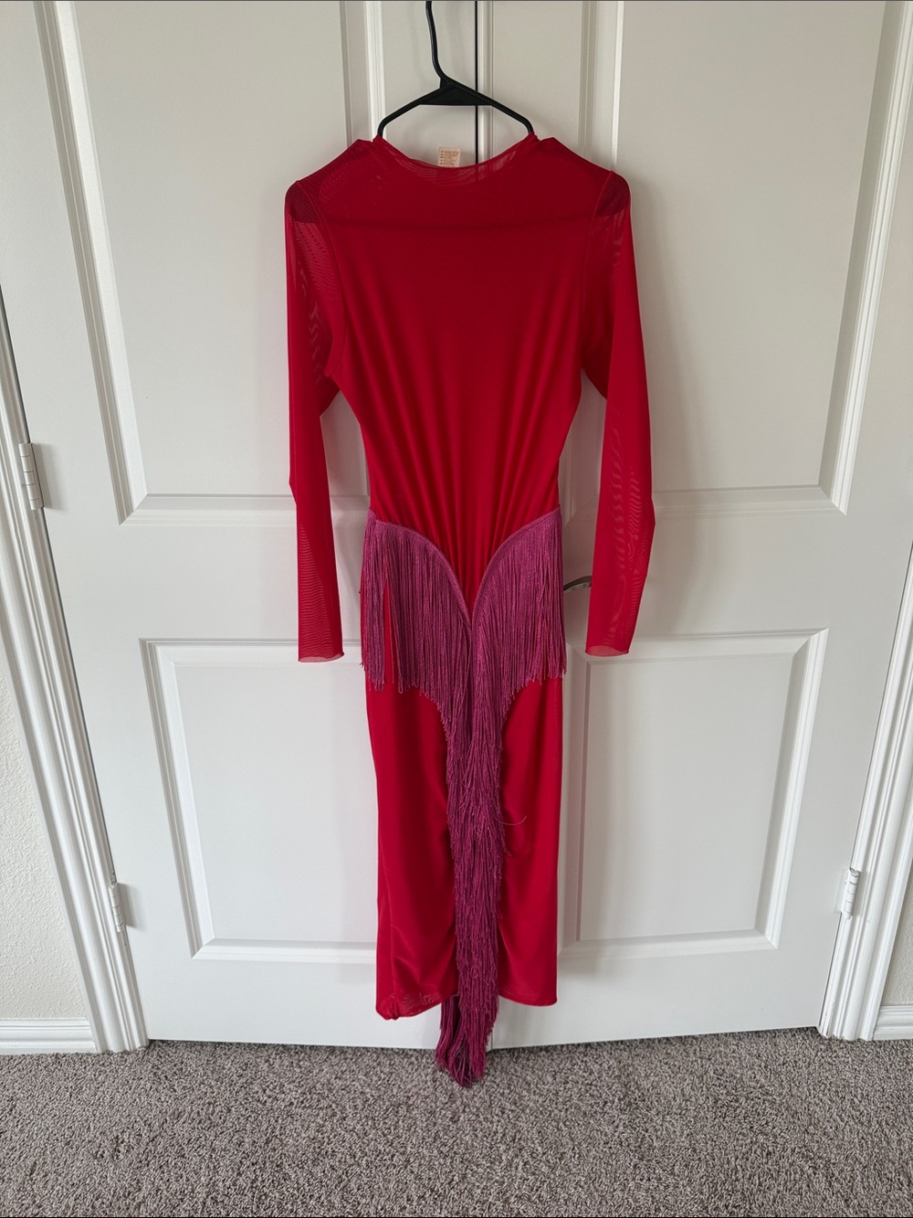 Long Sleeve Red Fringe Midi Dress